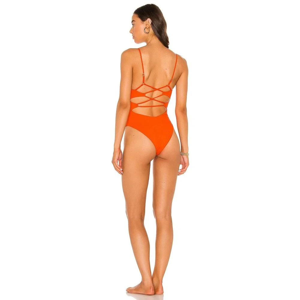 L Space Ribbed One Piece Gianna Classic Swimsuit V Neck Red Women's Size 6 NWT